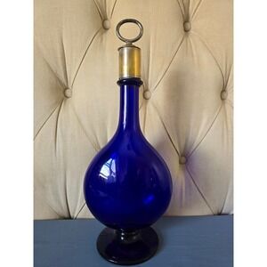 Vintage Cobalt Glass Decanter Large Bottle Brass Stopper Mid Century Style 17.3"